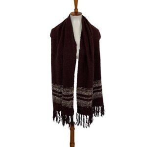 Simply Noelle Maroon Knit Fringe Scarf‎ Striped Soft Cozy Acrylic Winter Wrap